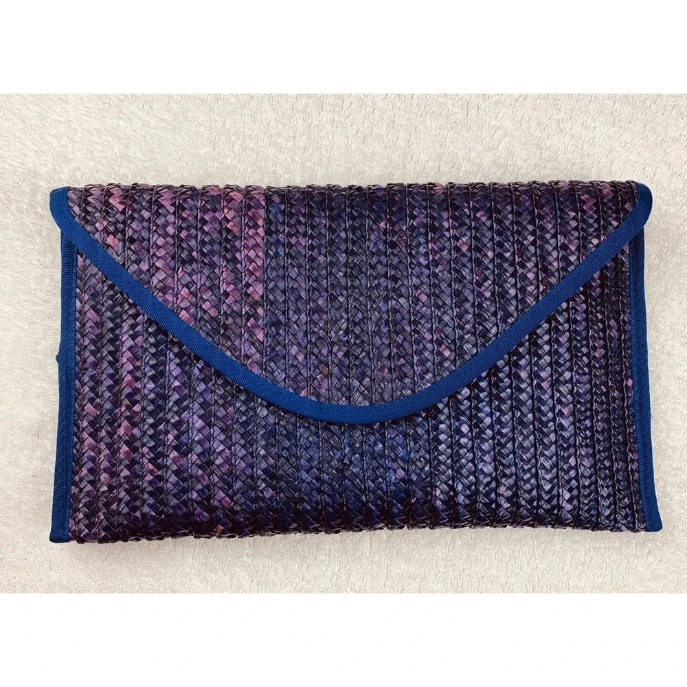Vintage Large Purple Woven Raffia Envelope Clutch Purse Handbag Beachy Coastal